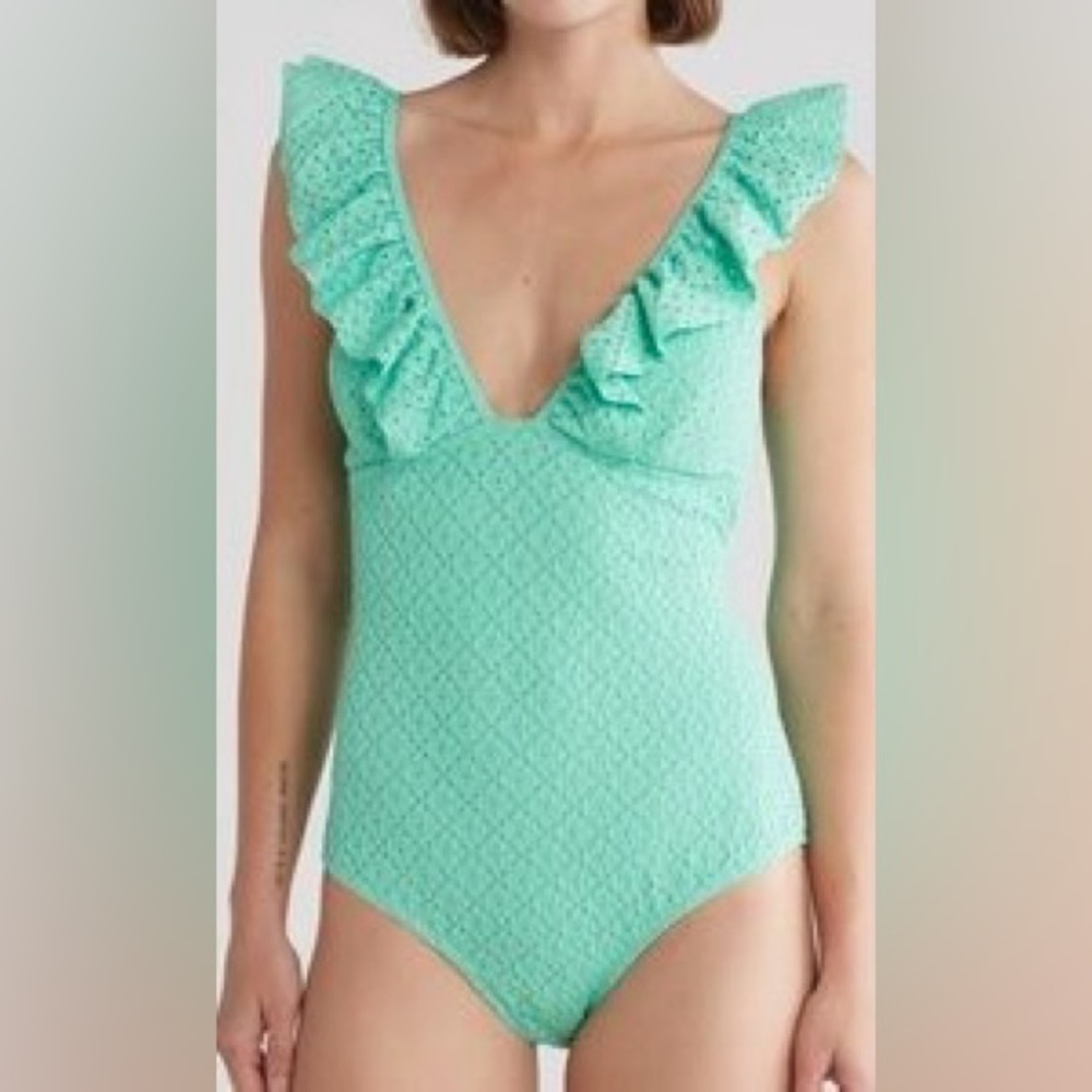 NWT Betsey Johnson One Piece Deep V Swimsuit With Ruffle Trim